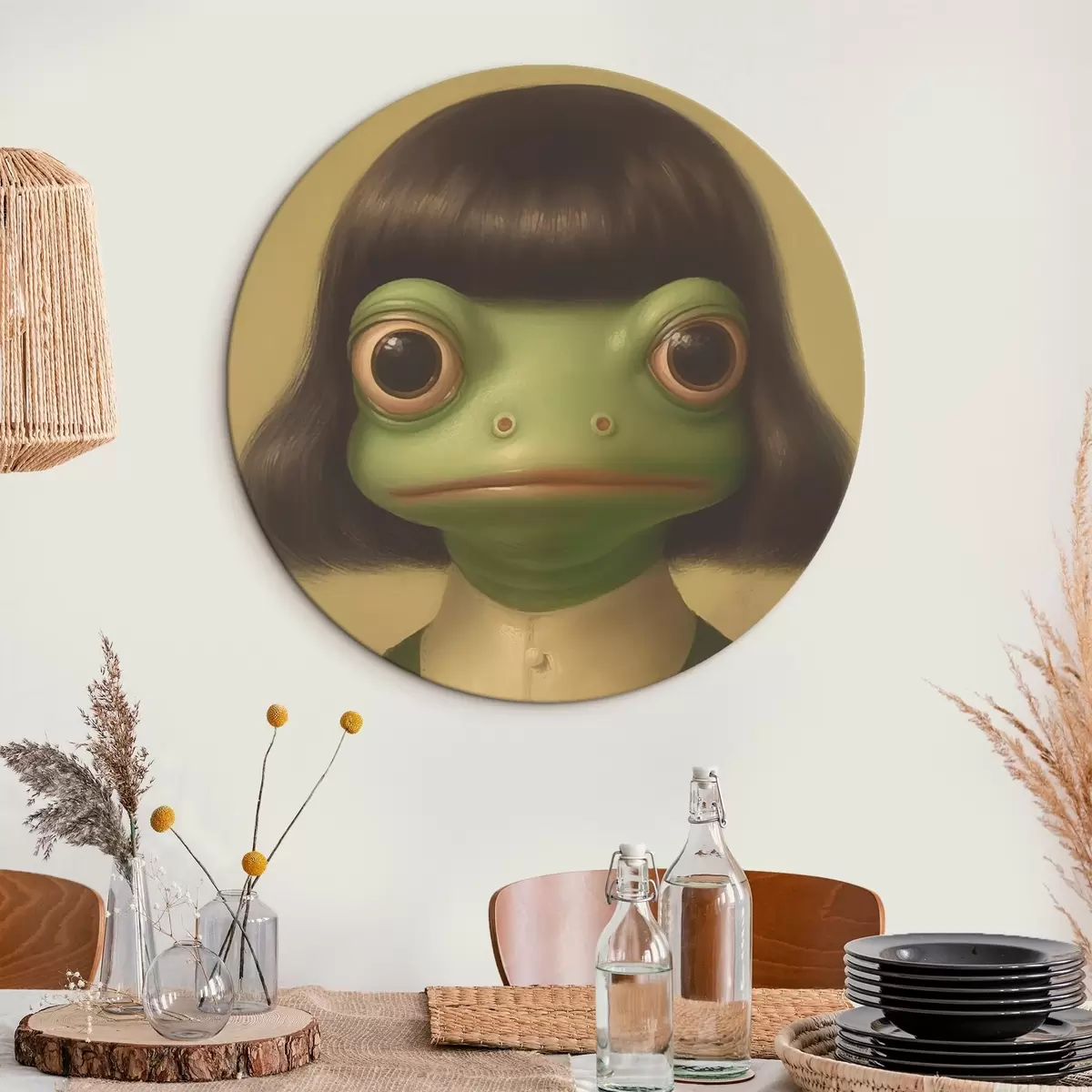 Ronde schilderijen Meisje in vintage-stijl met kikker r46458