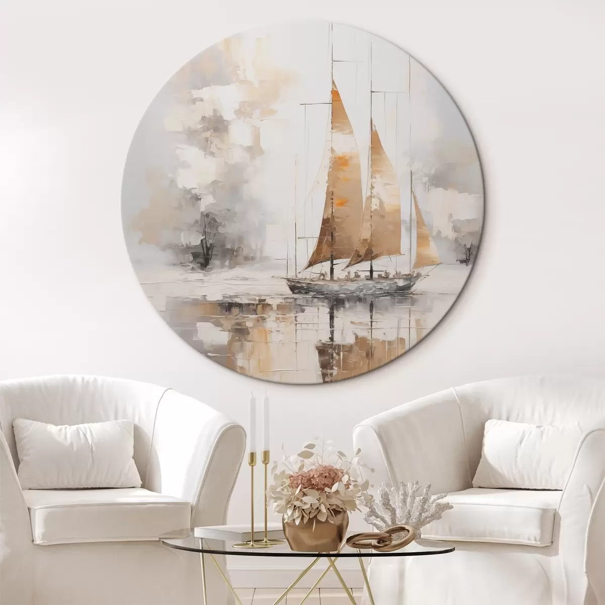 Ronde schilderijen Schilderij imitatie zeilboot r46565