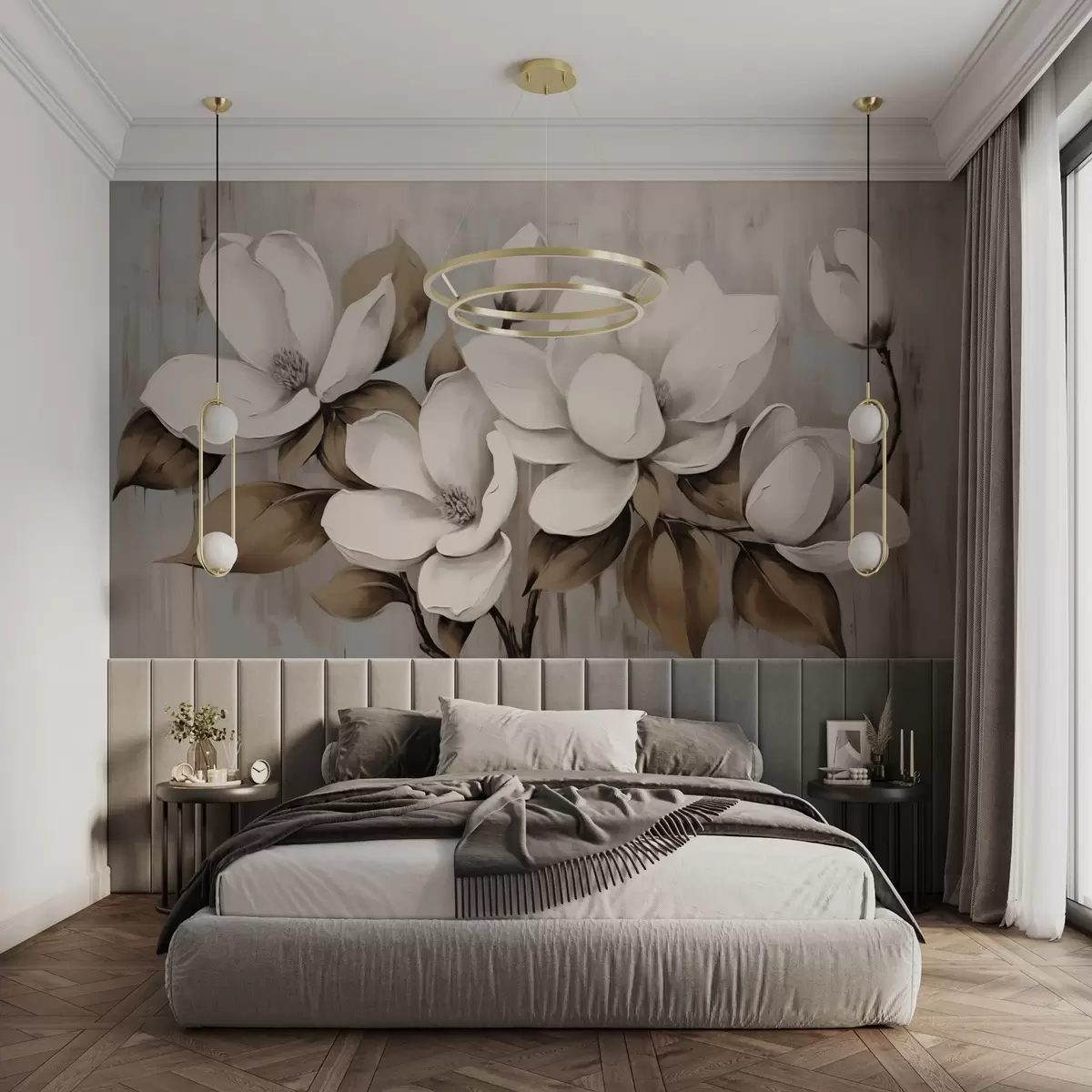 Fotobehang Grote magnoliabloesems met taupekleurige bladeren op een geborstelde achtergrond w04785