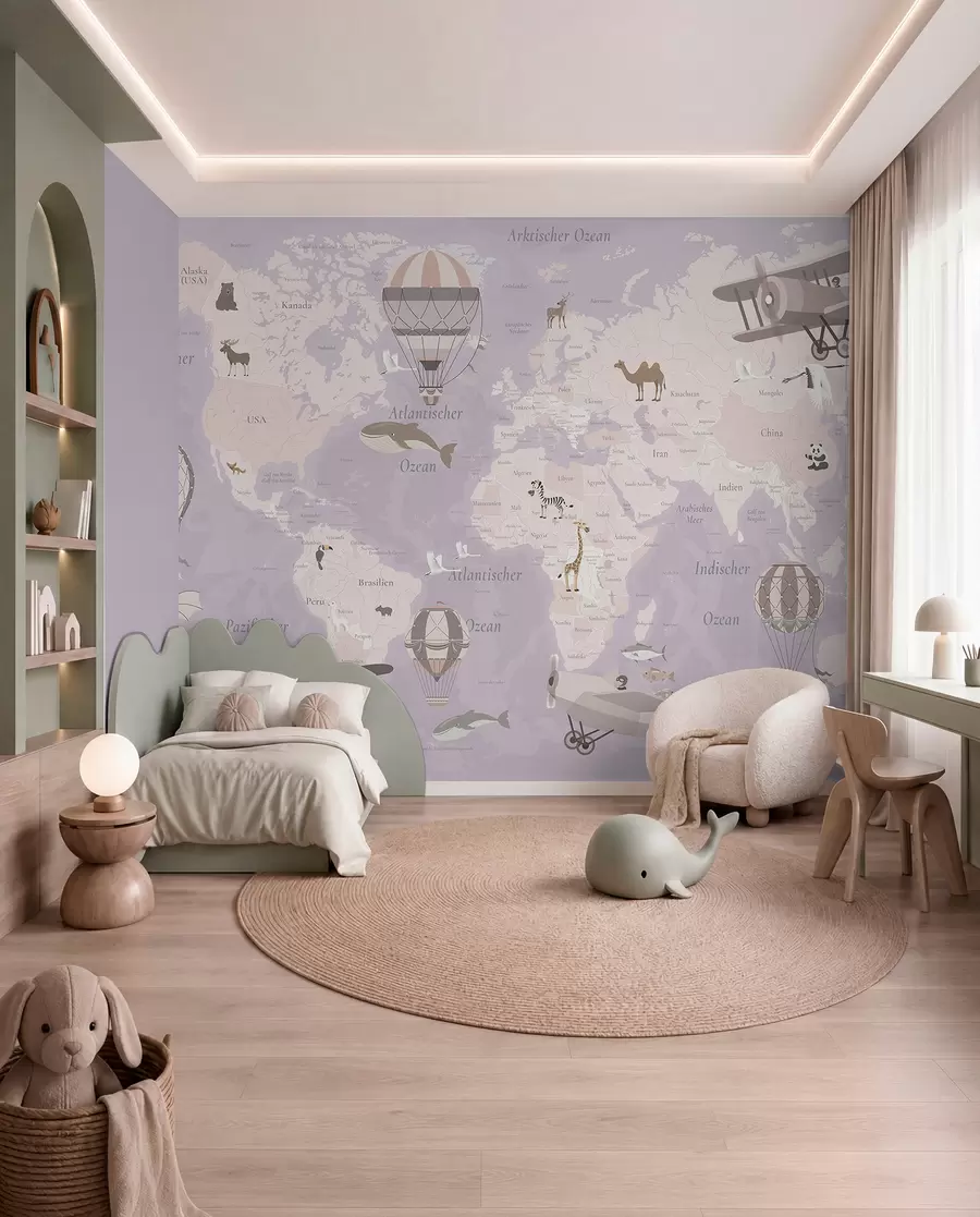 Fotobehang Wereldkaart voor kinderen met dieren, vliegtuigen en heteluchtballonnen. Duitse taal. Paarse kleur. c00003dev4