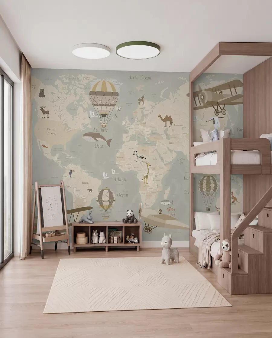 Fotobehang Wereldkaart voor kinderen met dieren, vliegtuigen en heteluchtballonnen. Engelse taal. Beige kleur. c00003en