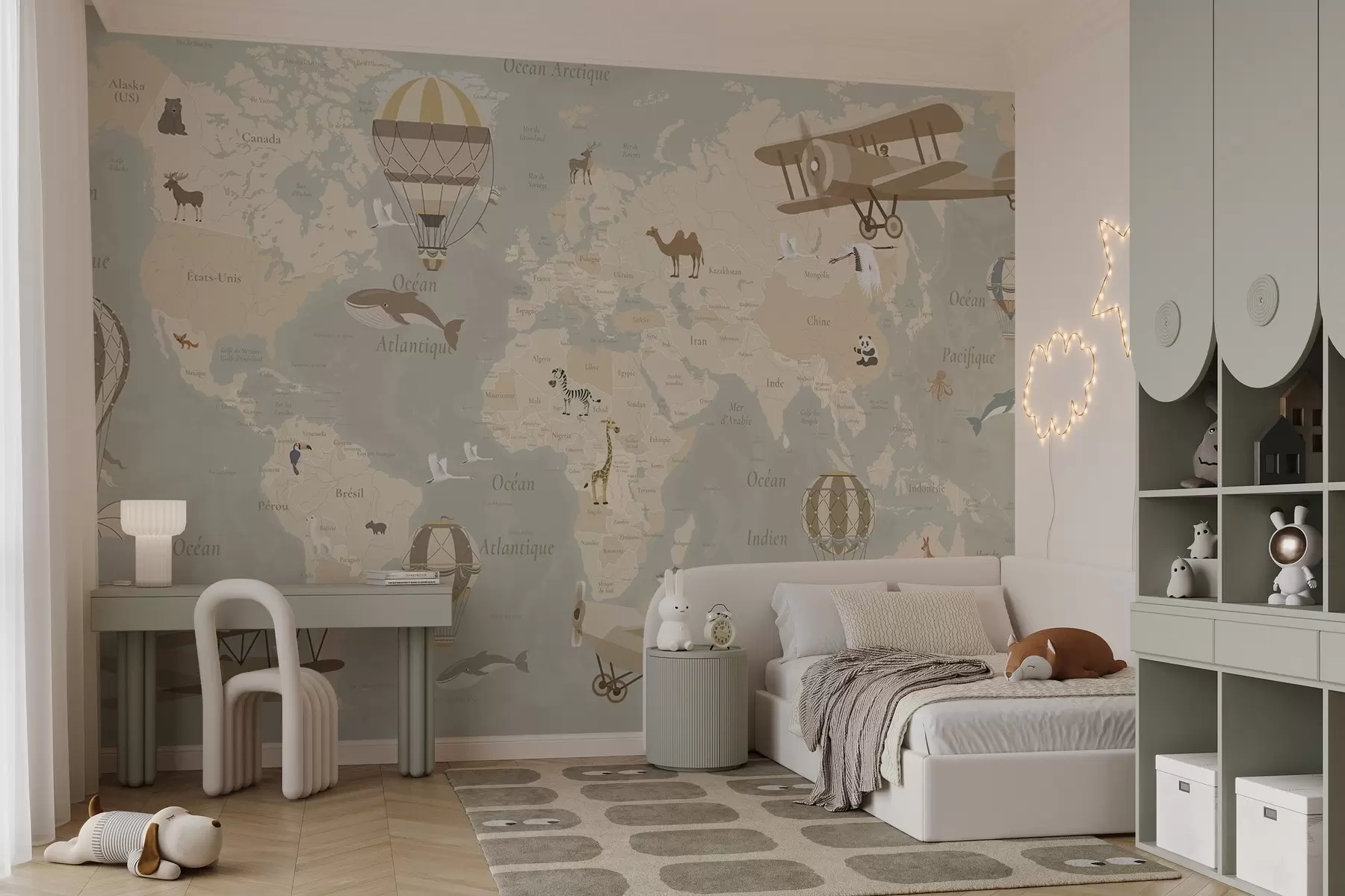 Fotobehang Wereldkaart voor kinderen met dieren, vliegtuigen en heteluchtballonnen. Franse taal. Beige kleur. c00003fr