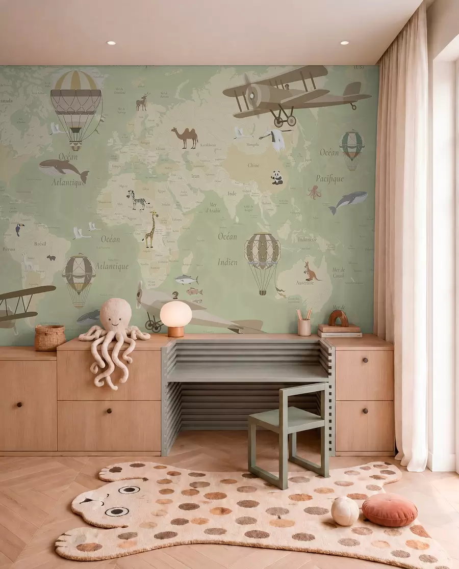 Fotobehang Wereldkaart voor kinderen met dieren, vliegtuigen en heteluchtballonnen. Franse taal. Groene kleur. c00003frv2