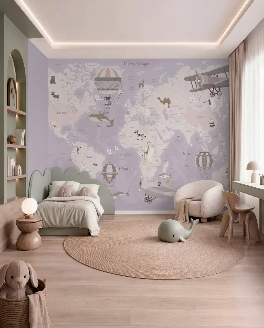 Fotobehang Wereldkaart voor kinderen met dieren, vliegtuigen en heteluchtballonnen. Franse taal. Paarse kleur. c00003frv4