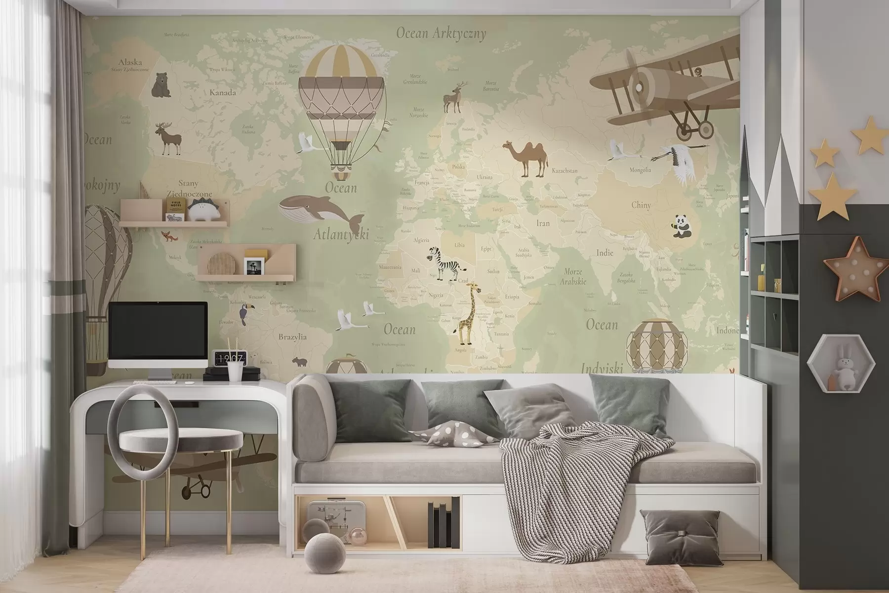 Fotobehang Wereldkaart voor kinderen met dieren, vliegtuigen en heteluchtballonnen. Poolse taal. Groene kleur. c00003plv2