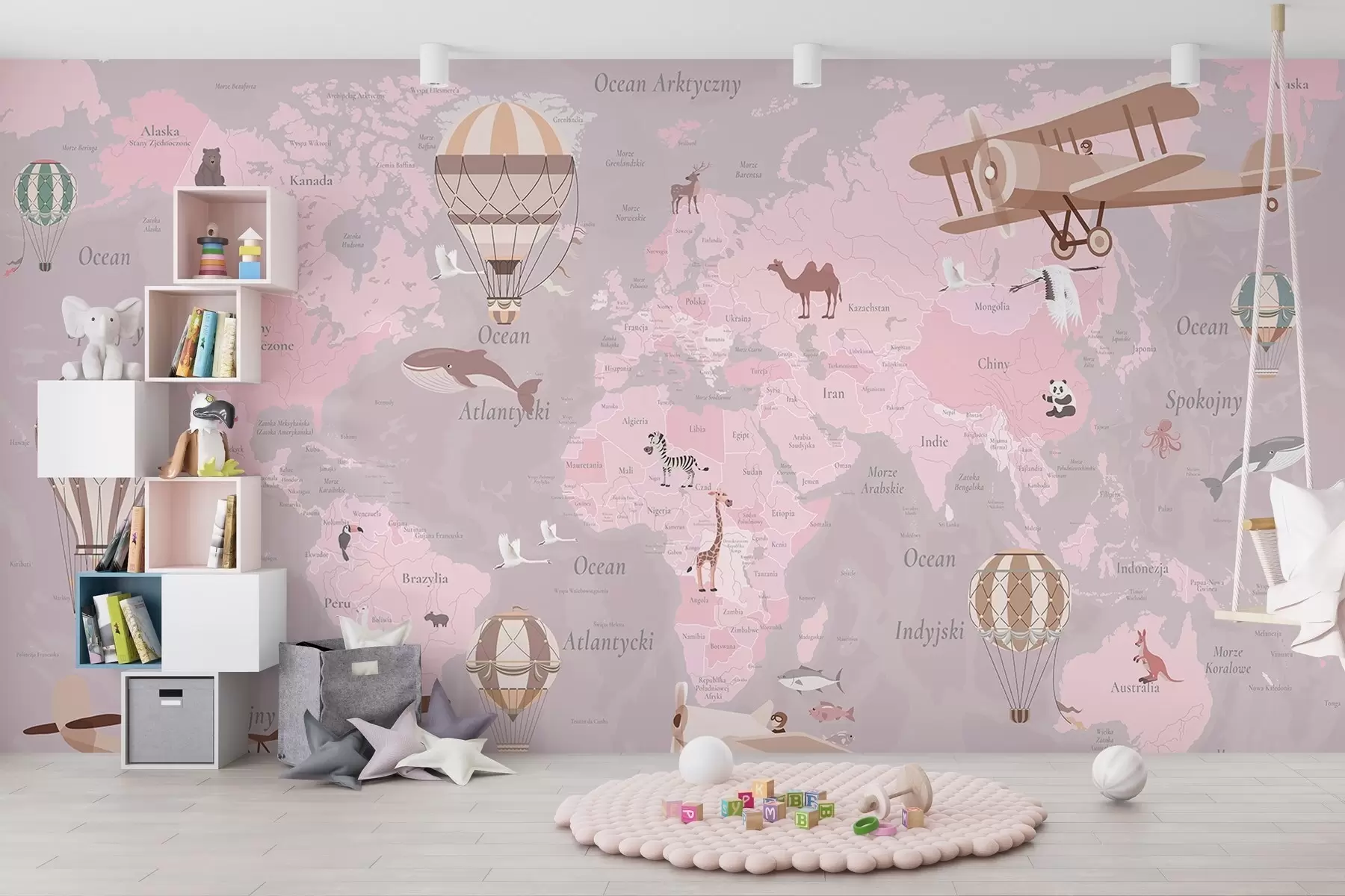 Fotobehang Wereldkaart voor kinderen met dieren, vliegtuigen en heteluchtballonnen. Poolse taal. Roze kleur. c00003plv3