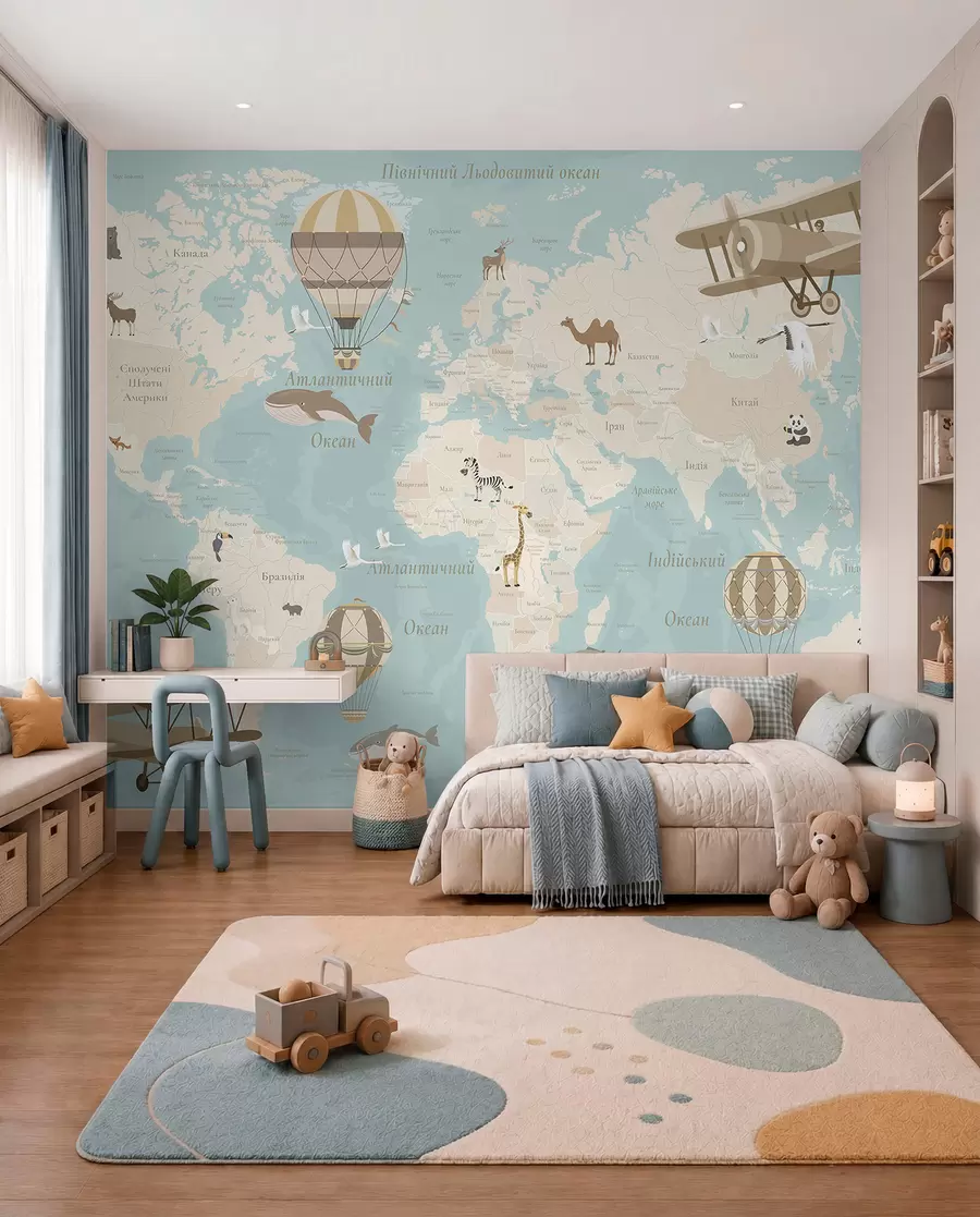 Fotobehang Wereldkaart voor kinderen met dieren, vliegtuigen en heteluchtballonnen. Oekraïense taal. Blauwe kleur. c00003ukv1