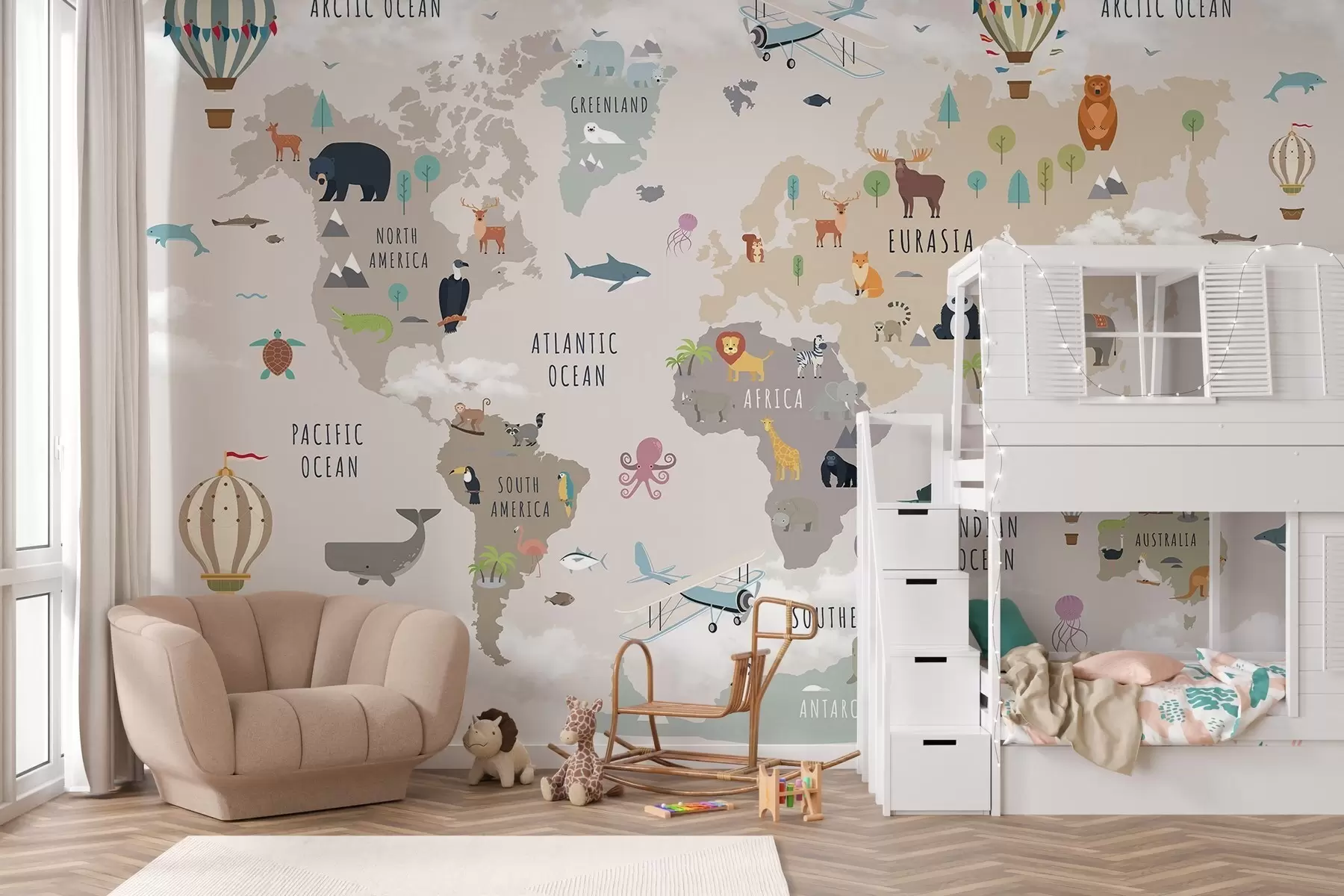 Fotobehang Wereldkaart voor kinderen met dieren en heteluchtballonnen. Engelse taal c00002en