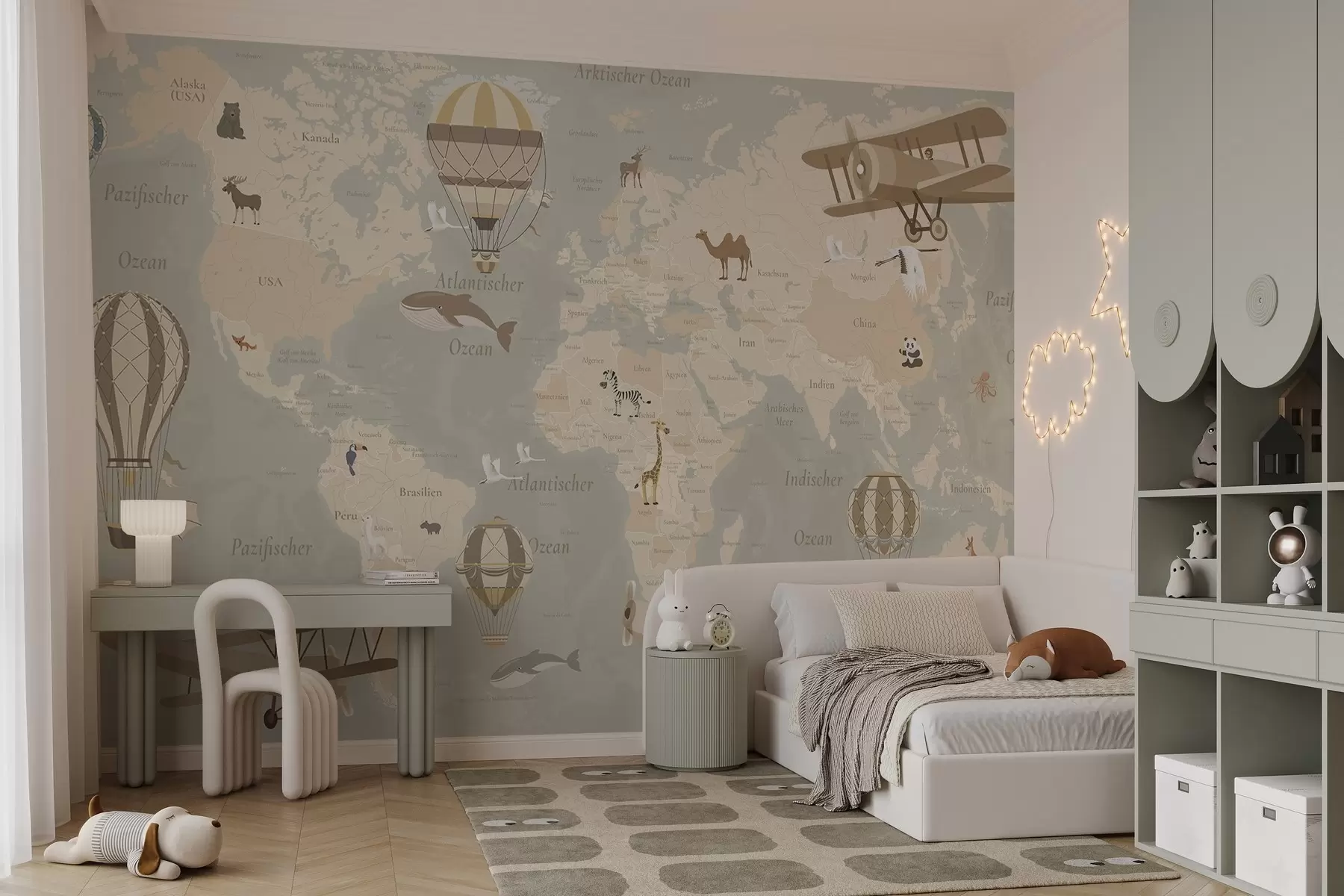 Fotobehang Wereldkaart voor kinderen met dieren, vliegtuigen en heteluchtballonnen. Duitse taal. Beige kleur. c00003de
