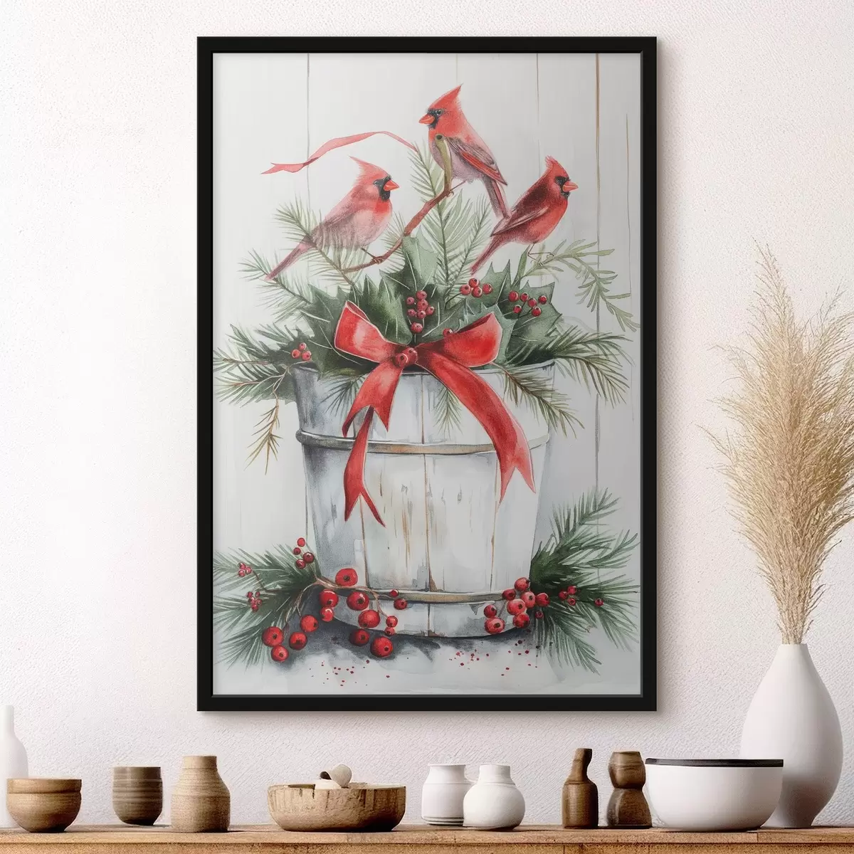 Poster Vogels op een kerstpot f46607