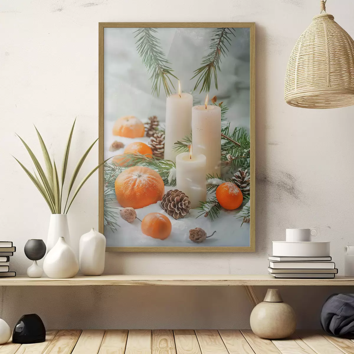 Poster Kaarsen, mandarijnen en dennenappels f46615