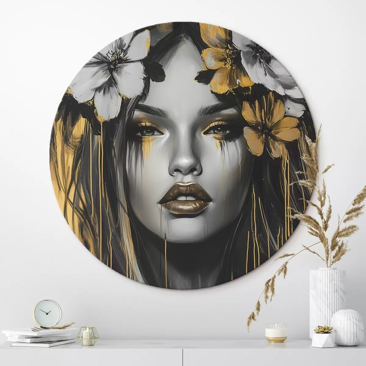 Ronde schilderijen Abstract portret van een vrouw met bloemen r46454