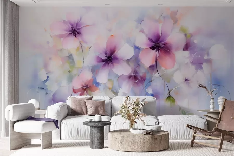 Fotobehang Lente-aquarelbloemen in roze en paarse tinten w09502