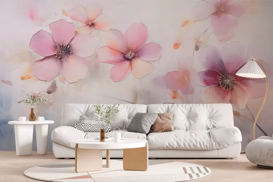 Fotobehang Tak met roze bloemen in aquarelstijl w09522