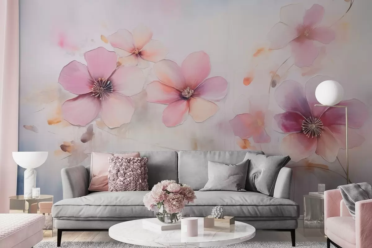 Fotobehang Tak met roze bloemen in aquarelstijl w09522