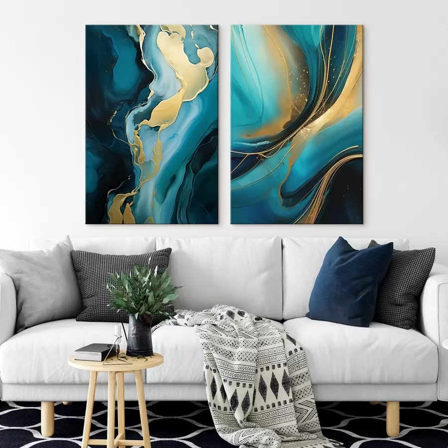  Schilderijen Teal vloeibaar abstract met warme metallic stromen m00965