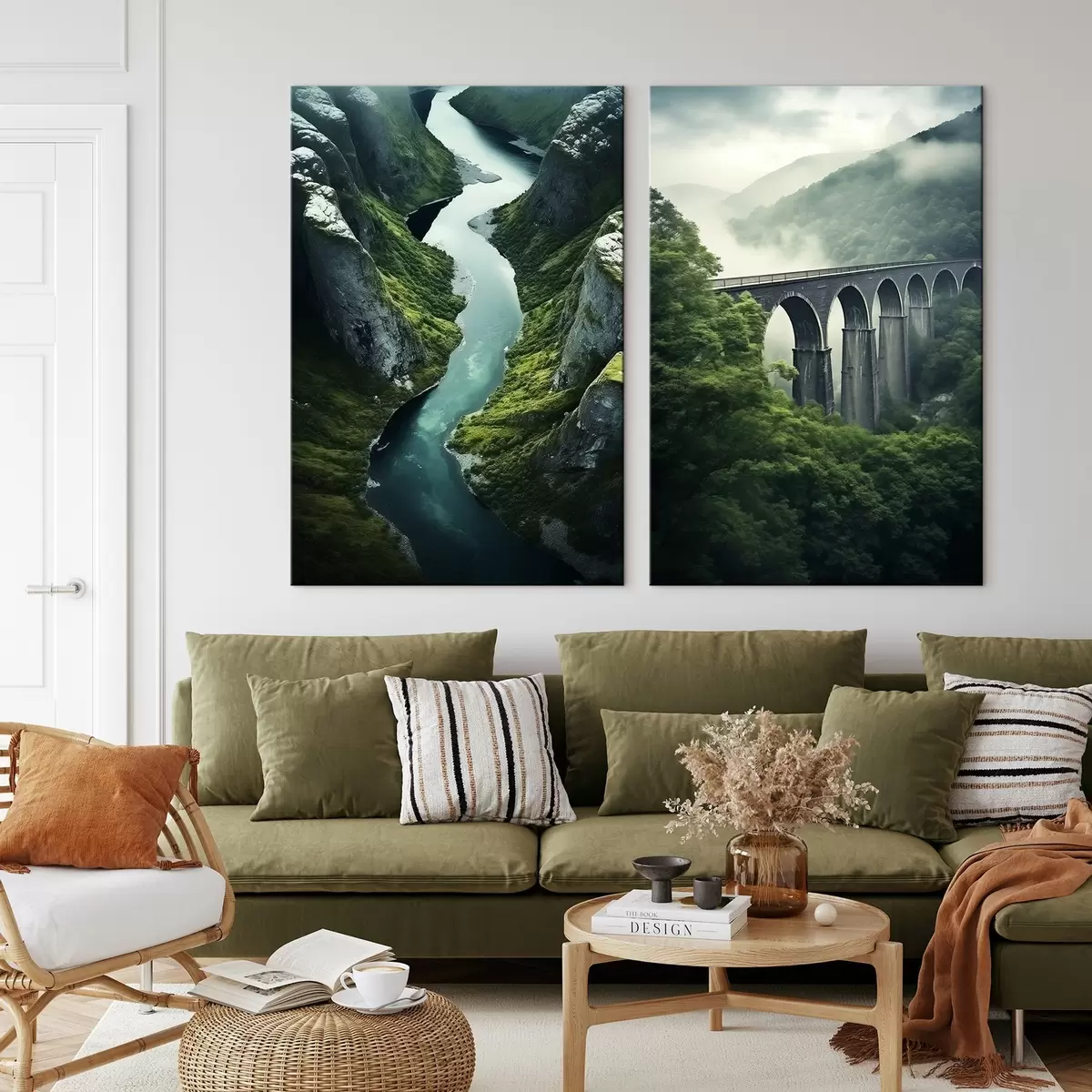  Schilderijen Luchtfoto van een rivierkloof en een mistig viaduct in groene heuvels m00967