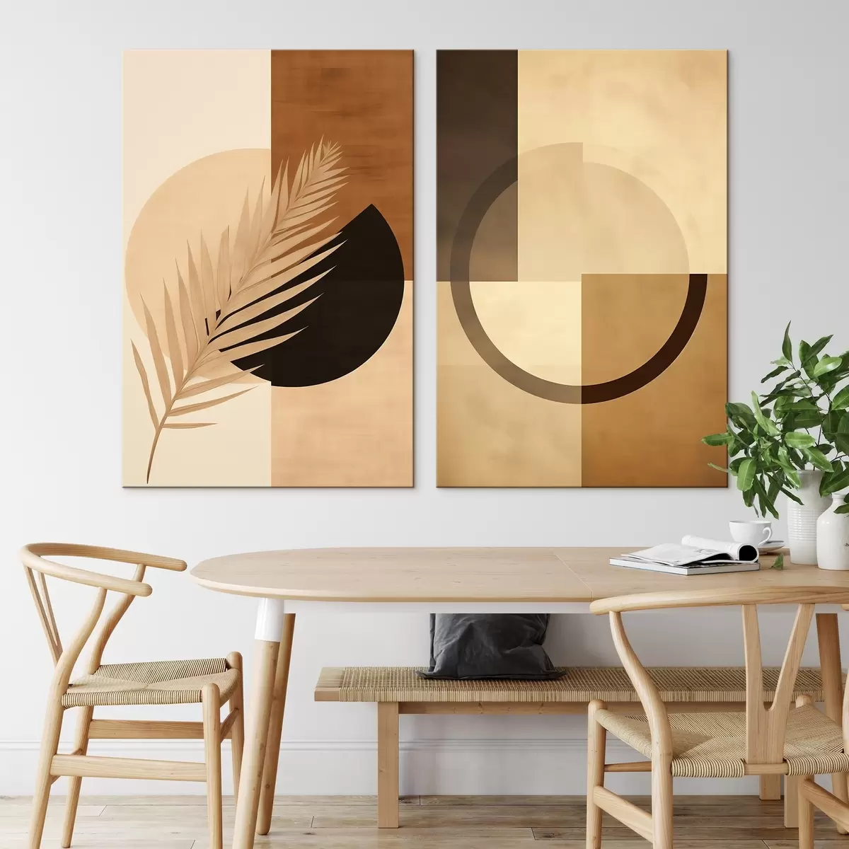  Schilderijen Terracotta en beige geometrische vorm met palmbladmotief m00968