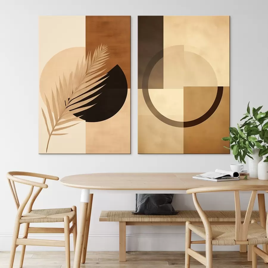  Schilderijen Terracotta en beige geometrische vorm met palmbladmotief m00968