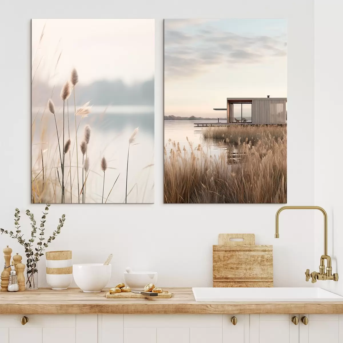  Schilderijen Zachte rietkragen aan een rustig meer en een moderne hut aan de oever m00970