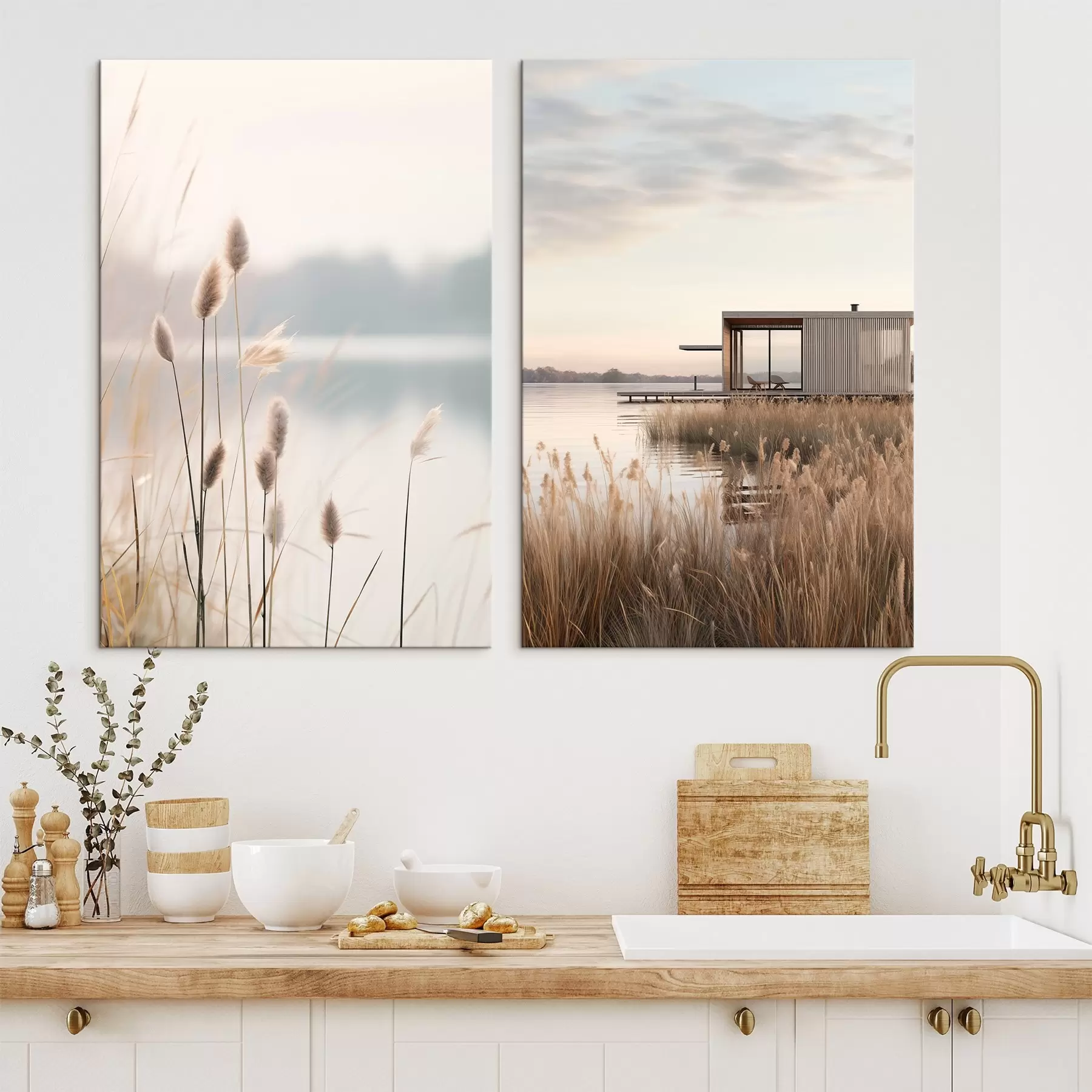  Schilderijen Zachte rietkragen aan een rustig meer en een moderne hut aan de oever m00970