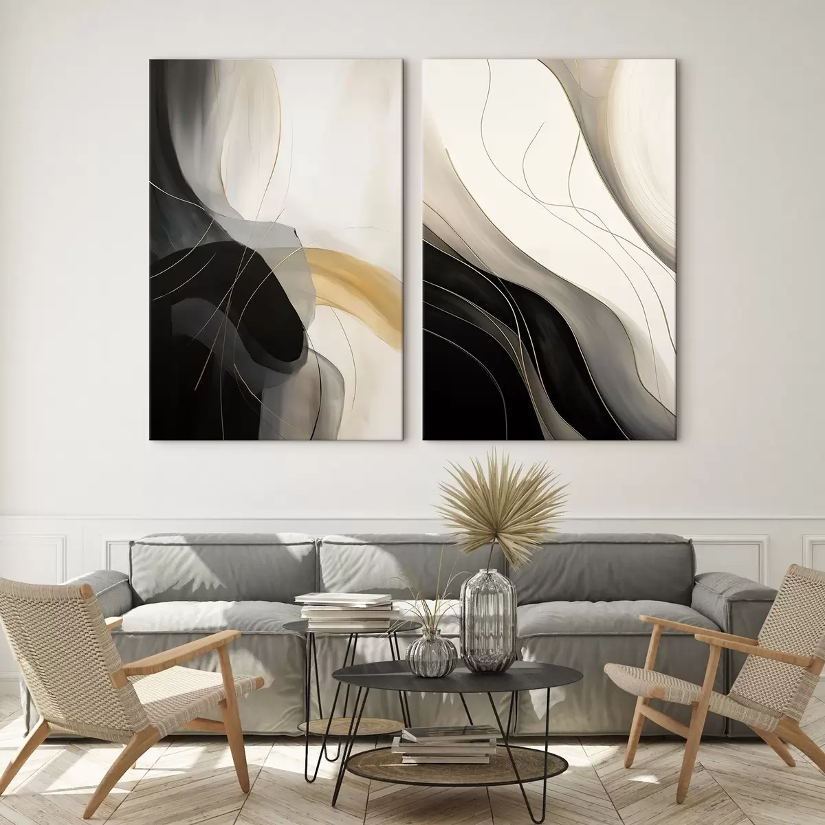  Schilderijen Monochrome curven met fijne metalen filamenten m00972