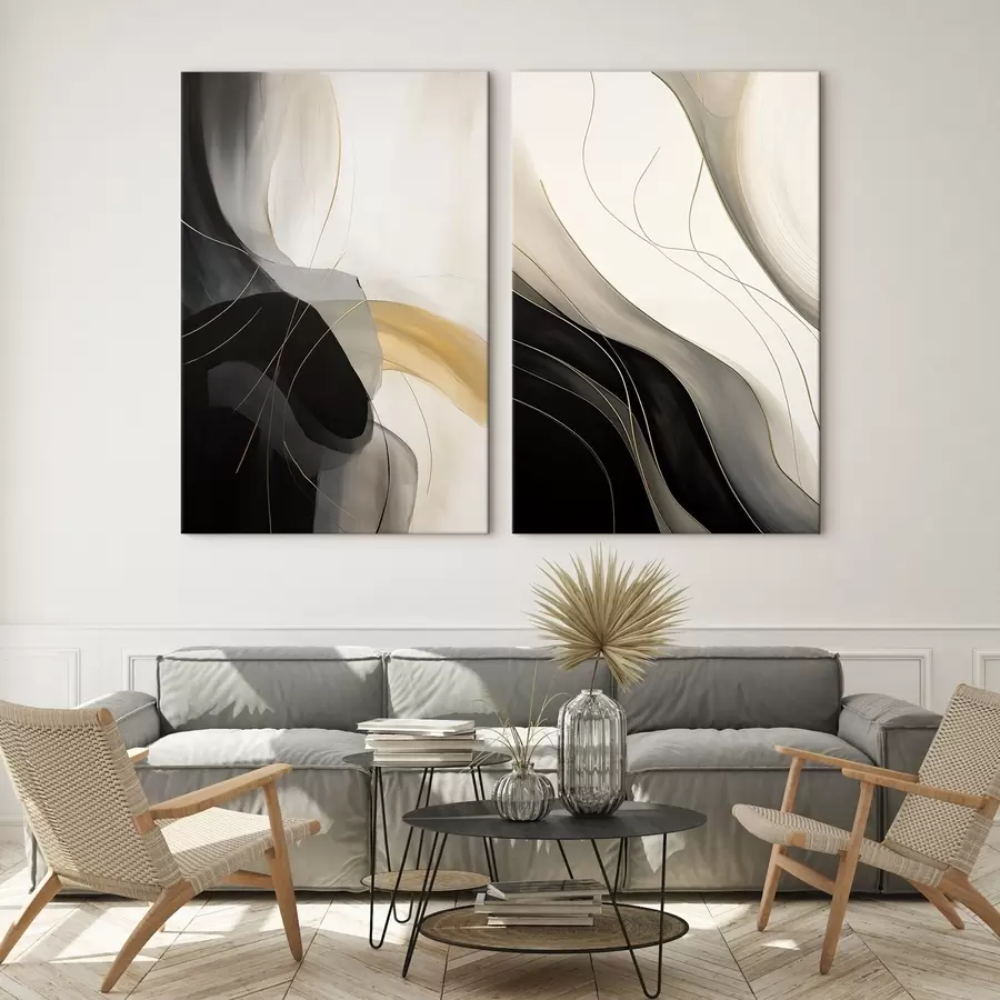  Schilderijen Monochrome curven met fijne metalen filamenten m00972