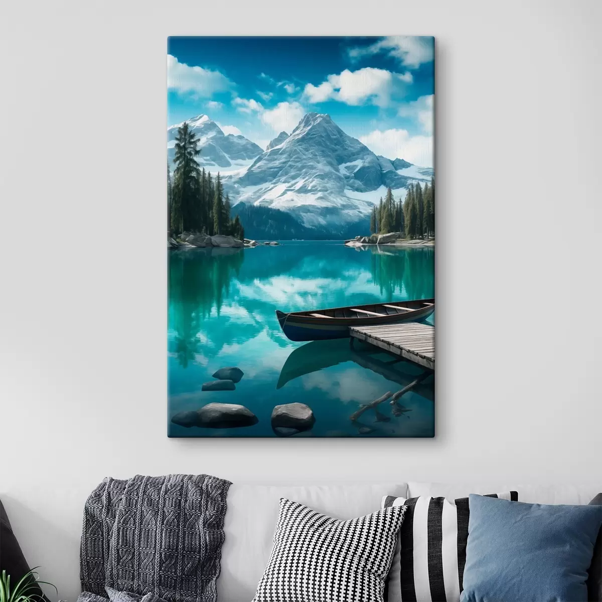  Schilderijen Alpien meer met kano en besneeuwde bergtoppen s46481