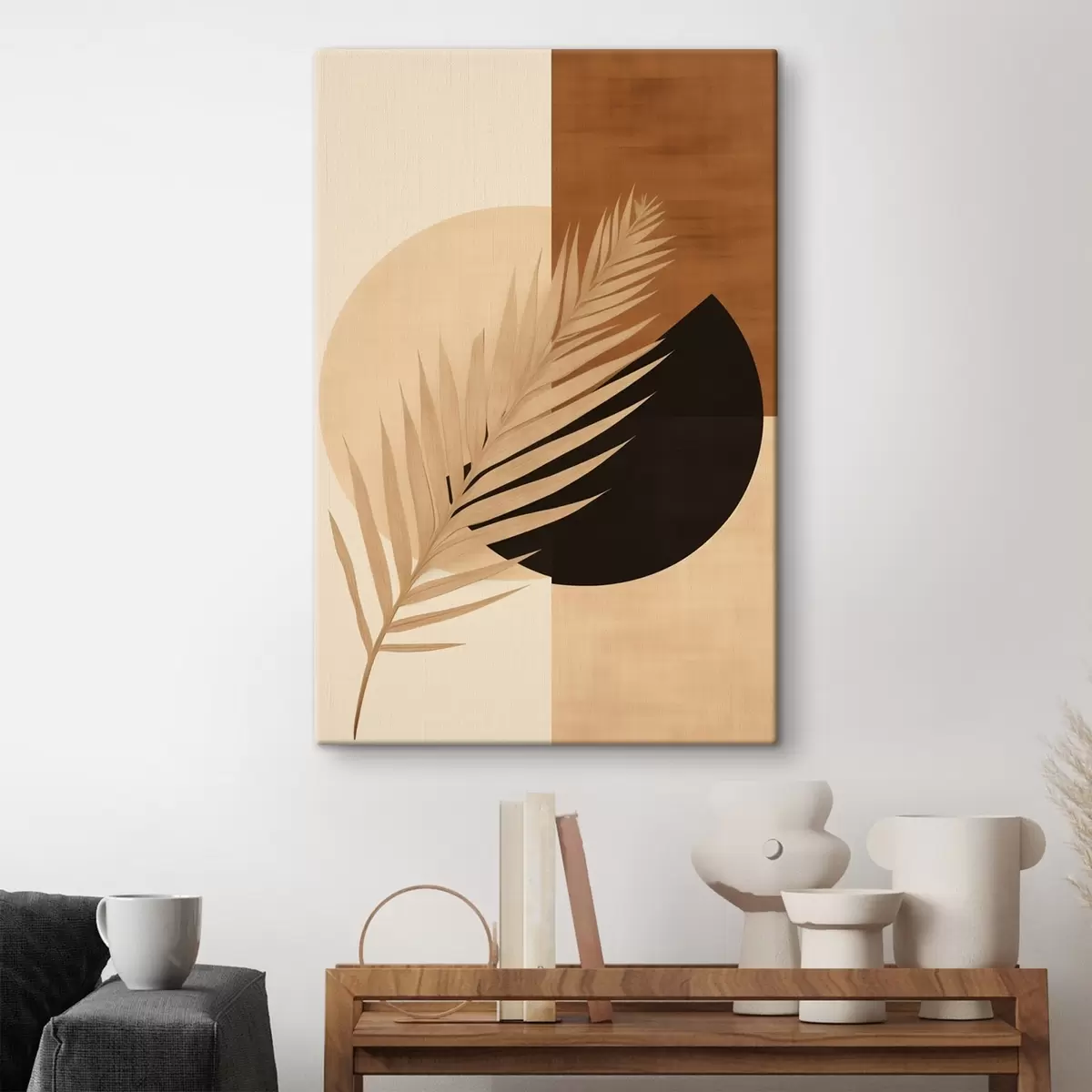  Schilderijen Palmblad boven terracotta en crèmekleurige geometrie s46490