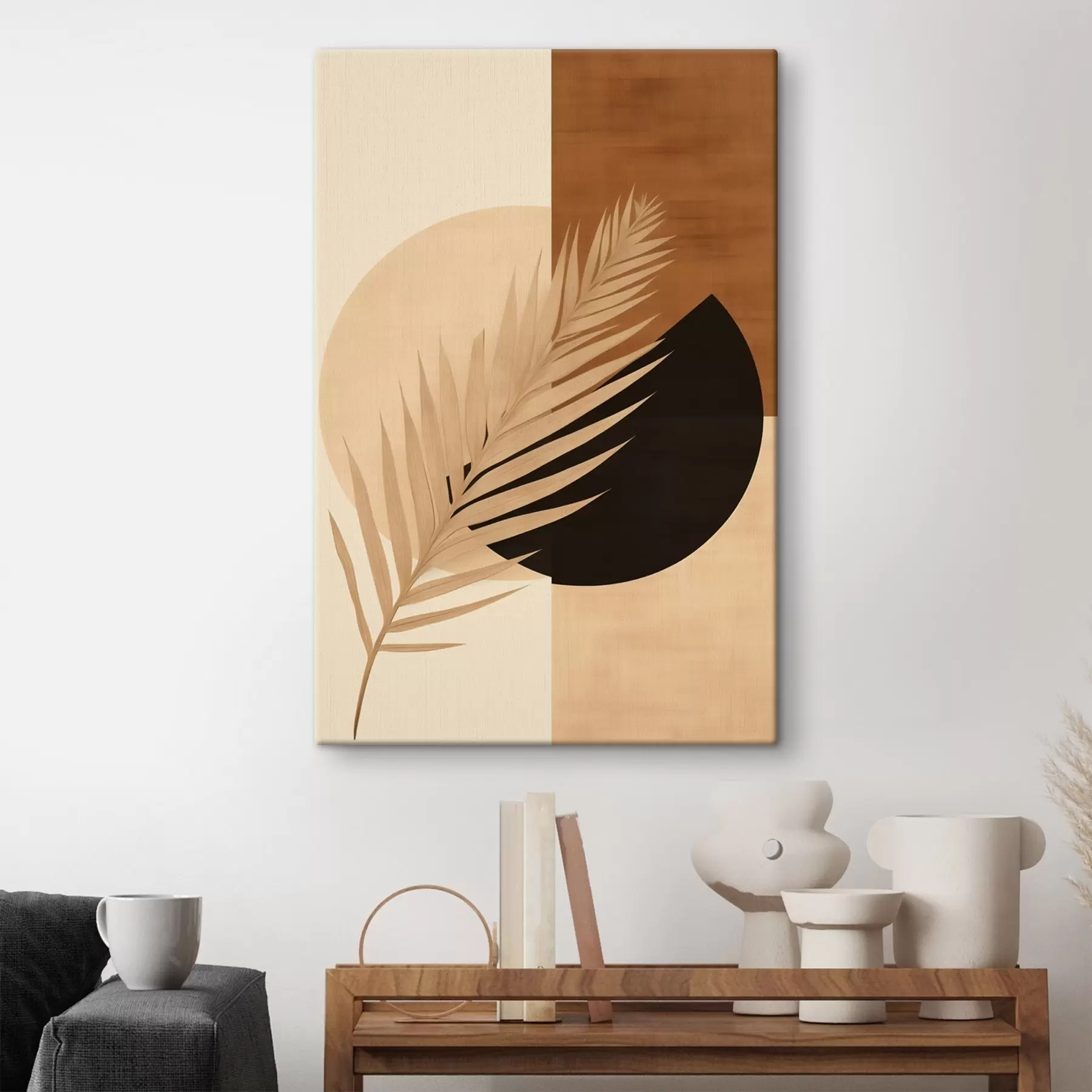  Schilderijen Palmblad boven terracotta en crèmekleurige geometrie s46490