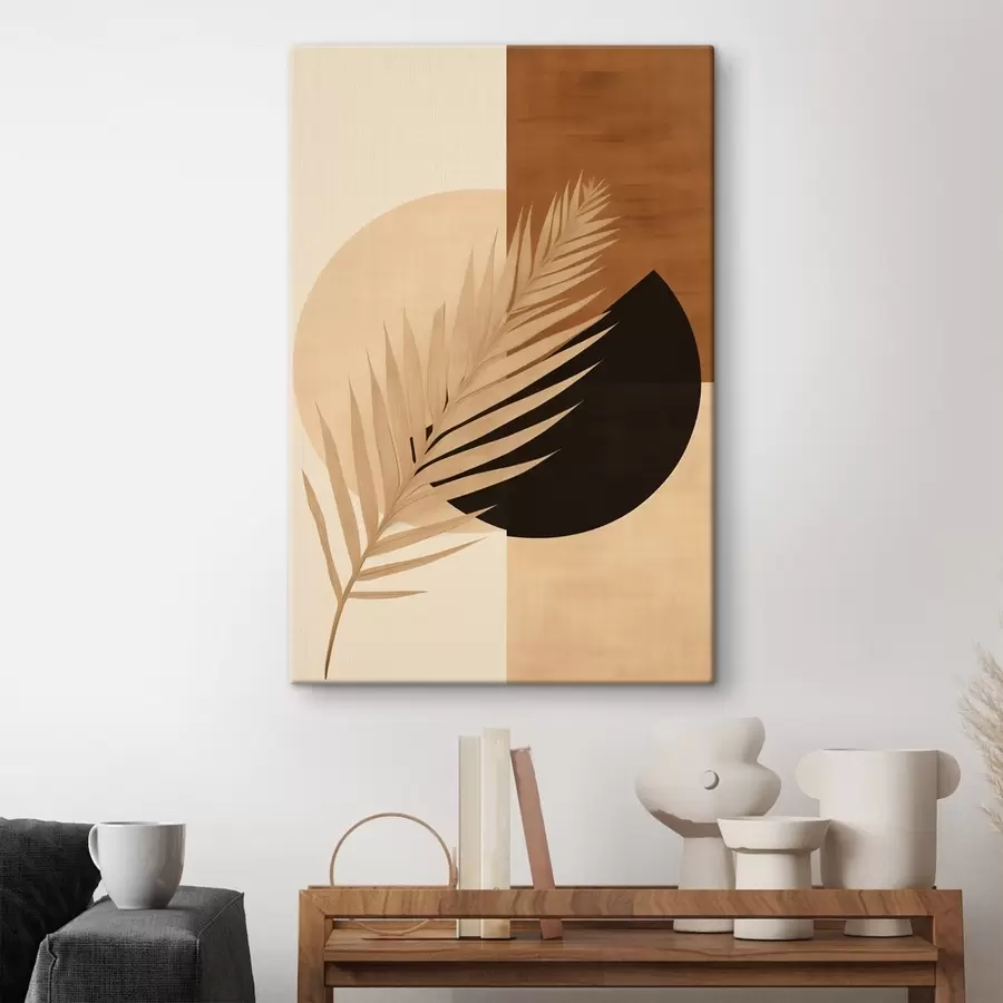  Schilderijen Palmblad boven terracotta en crèmekleurige geometrie s46490