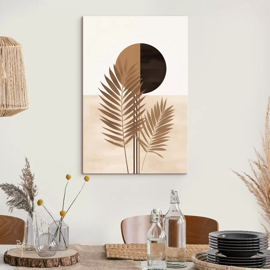  Schilderijen Twee palmbladeren met een gespleten cirkelvormig zonnemotief s46491
