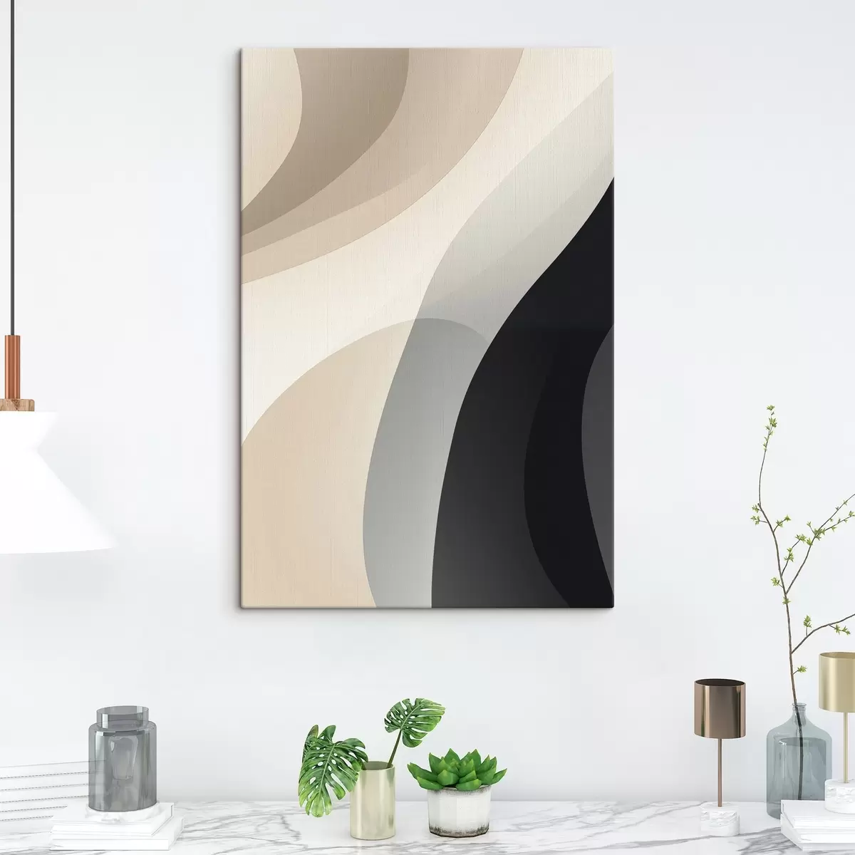  Schilderijen Organische golfvormen in warm beige en antraciet s46494
