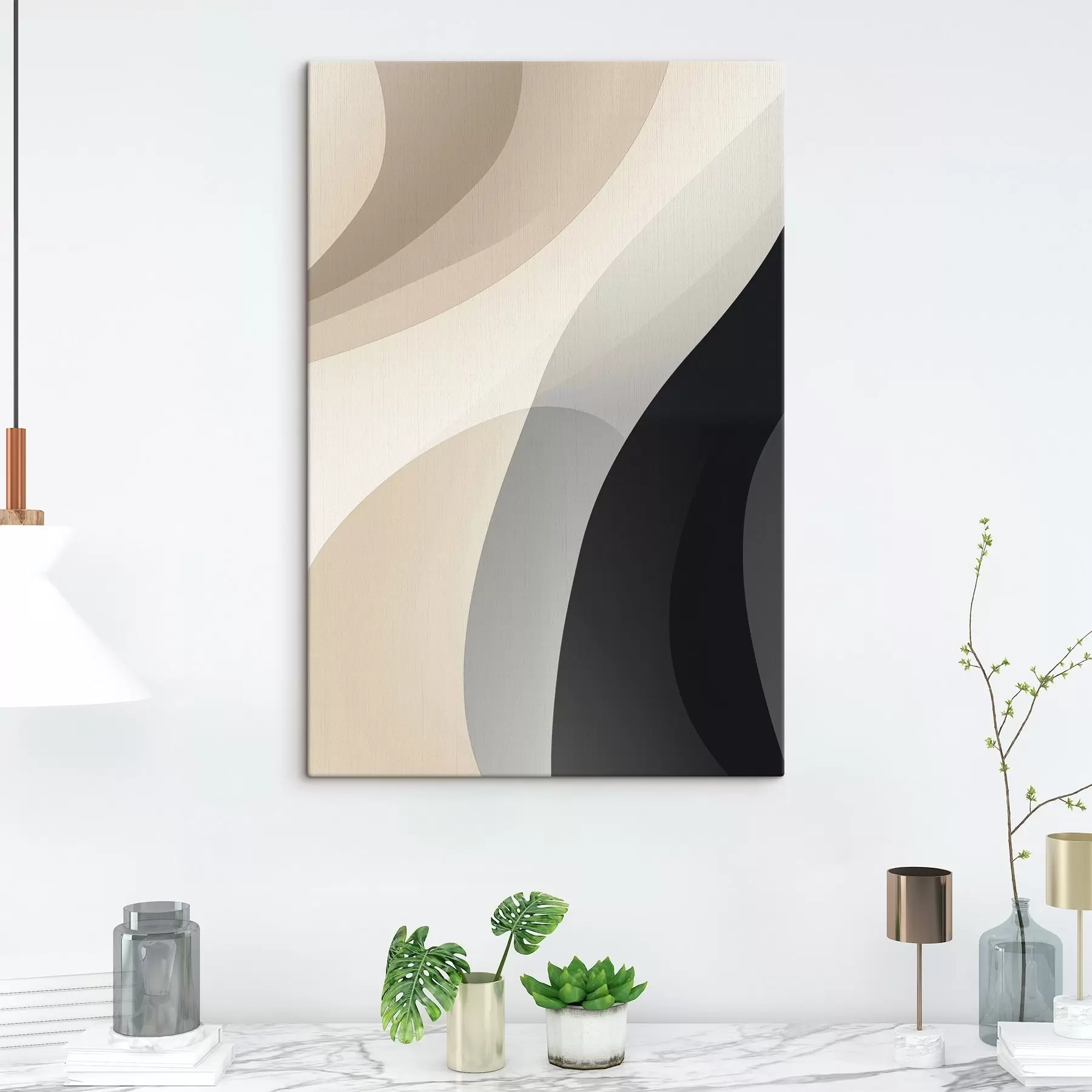  Schilderijen Organische golfvormen in warm beige en antraciet s46494