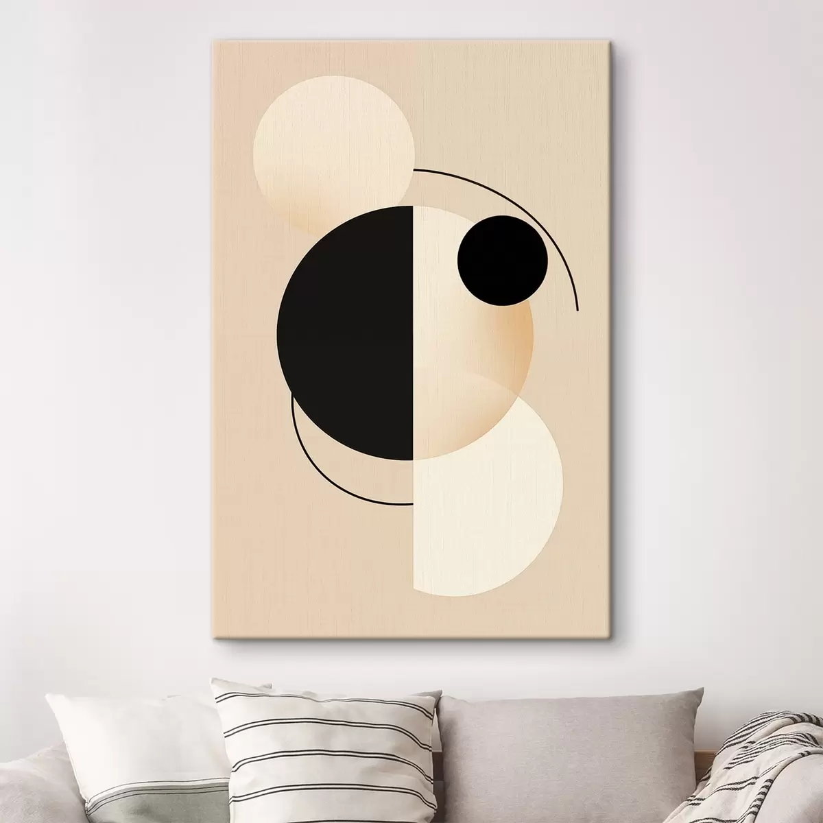  Schilderijen Grafische cirkels en bogen in zacht beige en zwart s46497