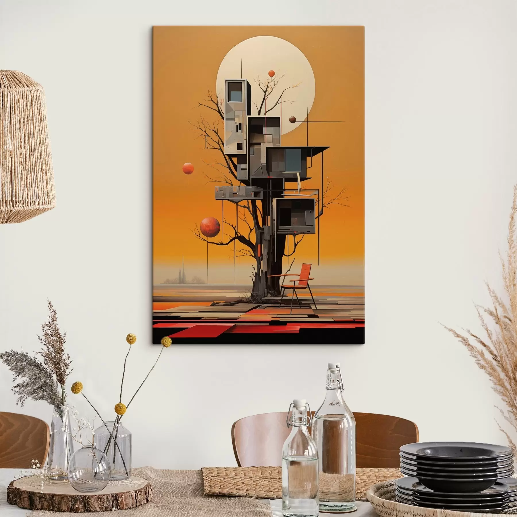  Schilderijen Surrealistische boomhut tegen een oranje achtergrond s46526