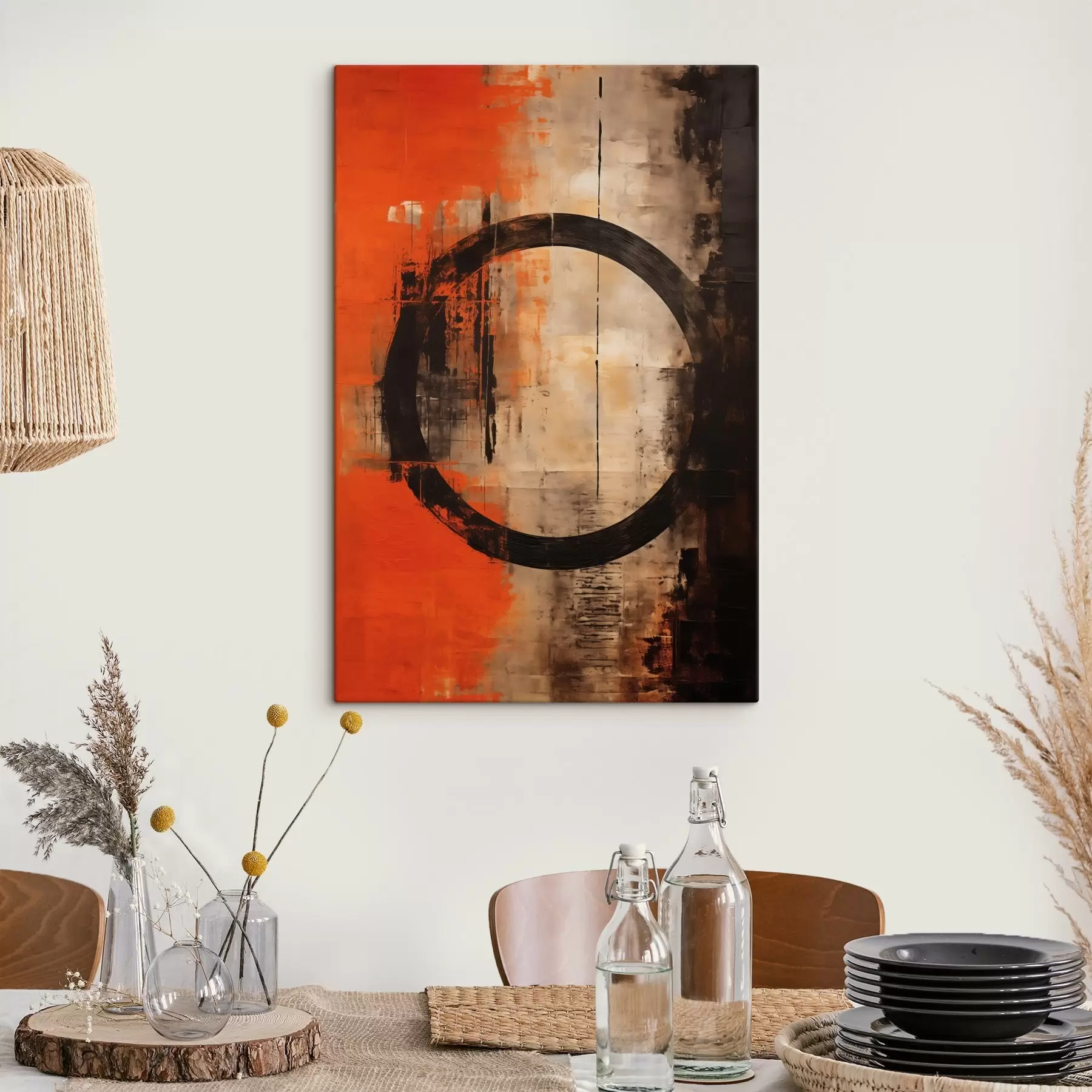  Schilderijen Abstract met een grote zwarte cirkel en warme texturen s46528