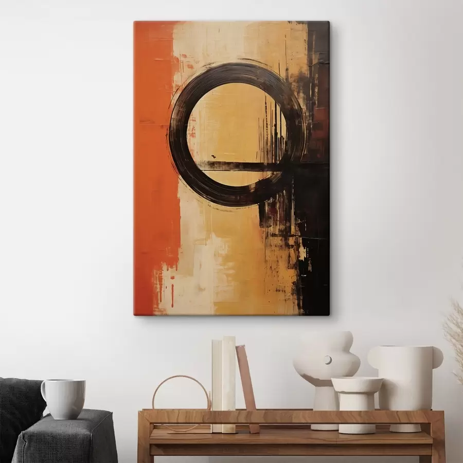  Schilderijen Abstract met een zwarte ring op een terracotta-zandkleurige achtergrond s46529