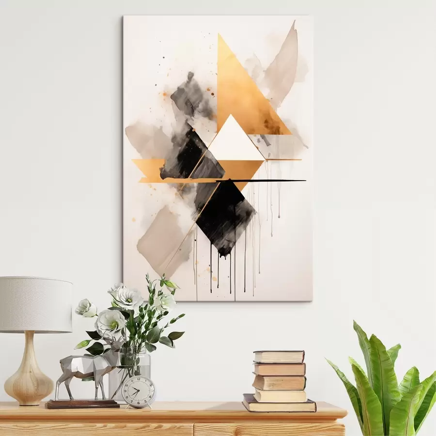  Schilderijen Geometrie met driehoeken en een zwarte ruit, beige lijnen s46539