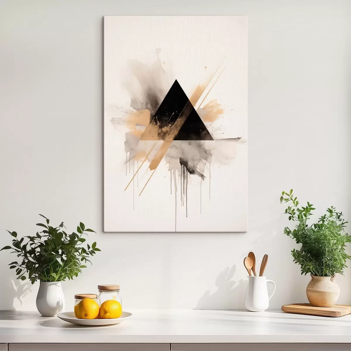  Schilderijen Geometrie: zwarte driehoek met lichte spatten en lijnen s46540