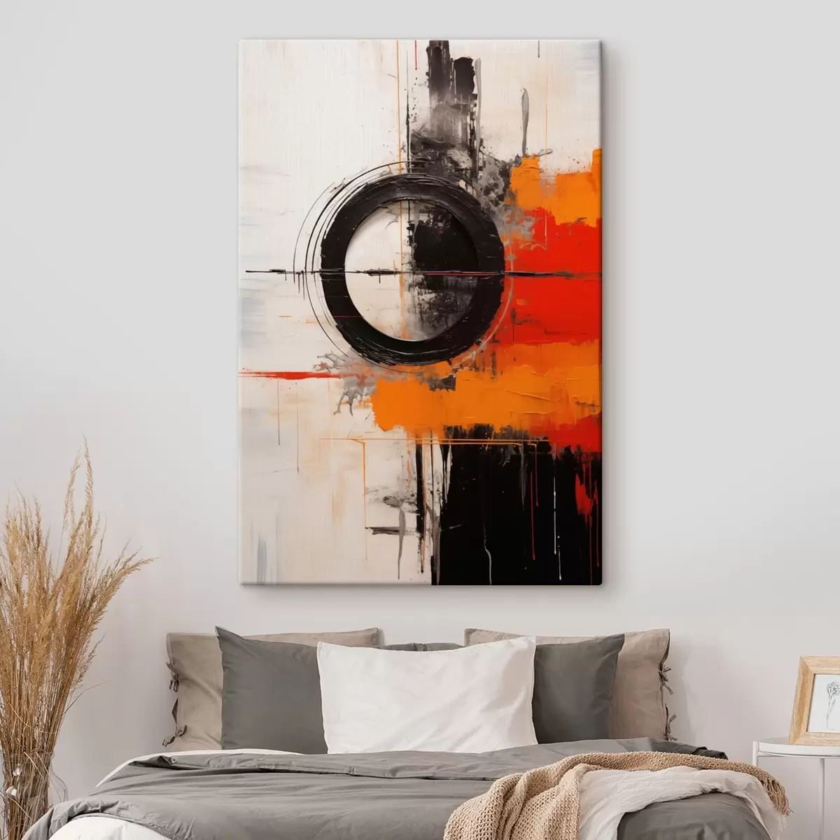  Schilderijen Zwarte cirkel op wit, oranje strepen en spatten s46549