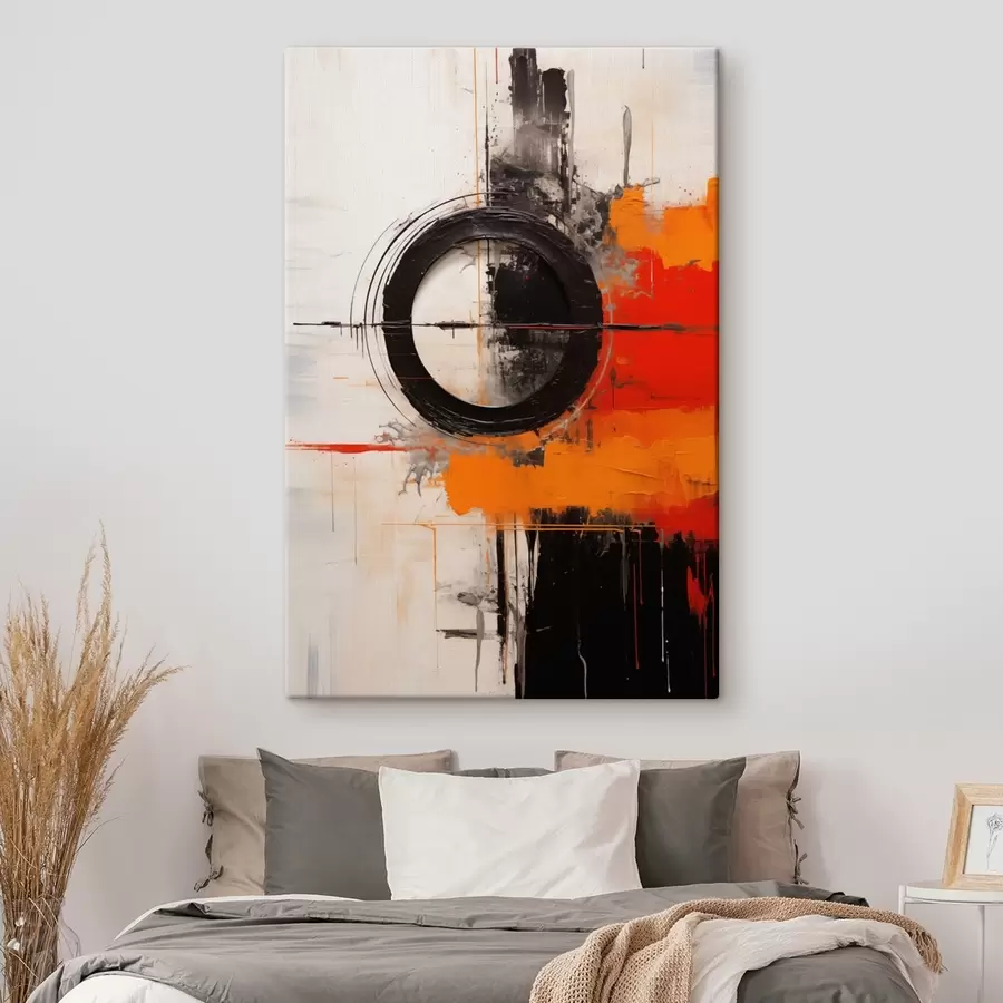  Schilderijen Zwarte cirkel op wit, oranje strepen en spatten s46549