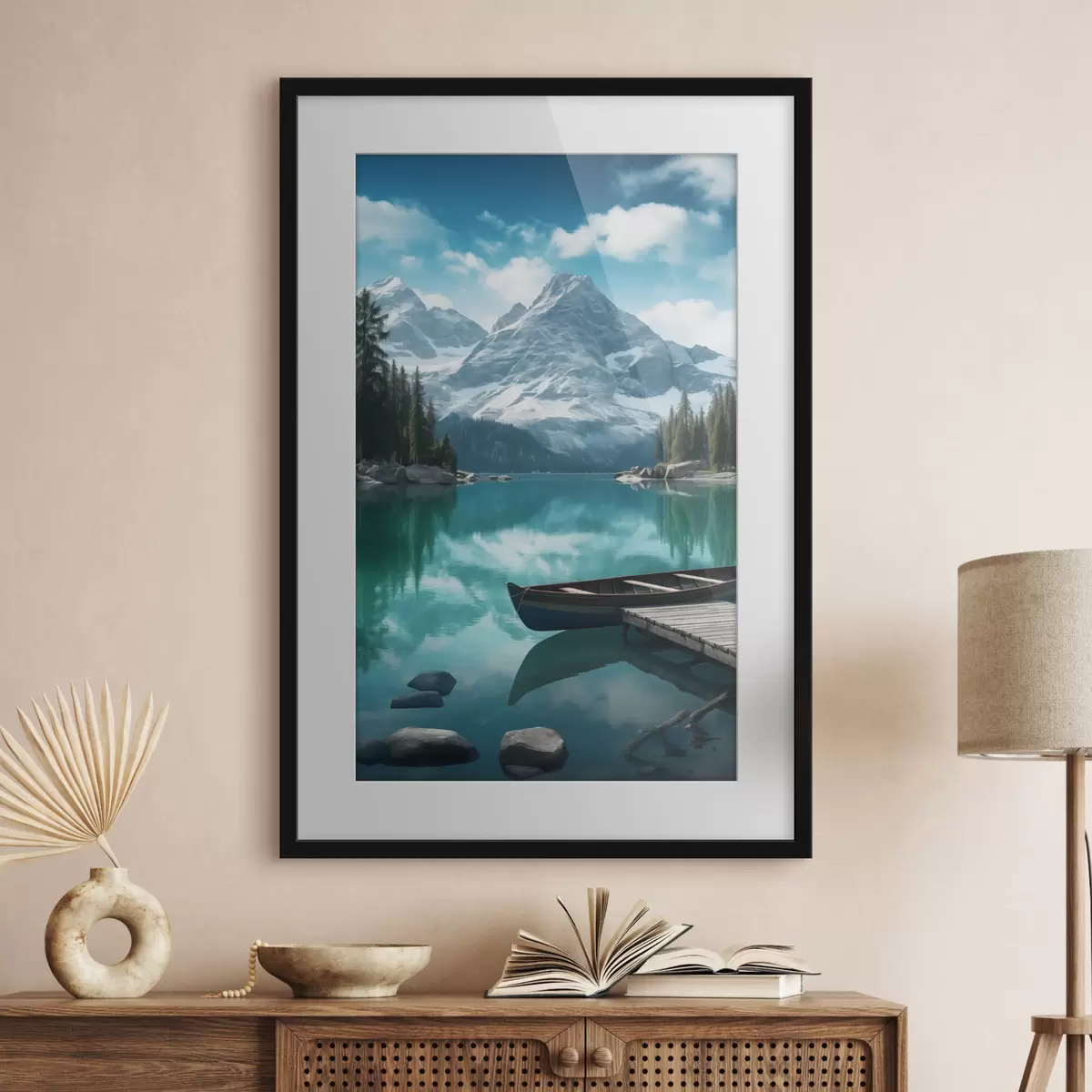 Poster Alpien meer met kano en besneeuwde bergtoppen f46481