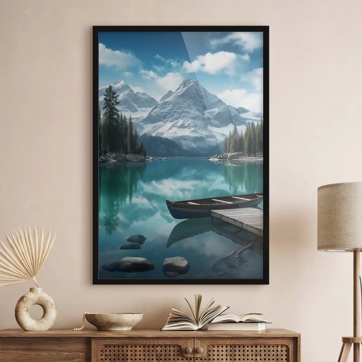 Poster Alpien meer met kano en besneeuwde bergtoppen f46481