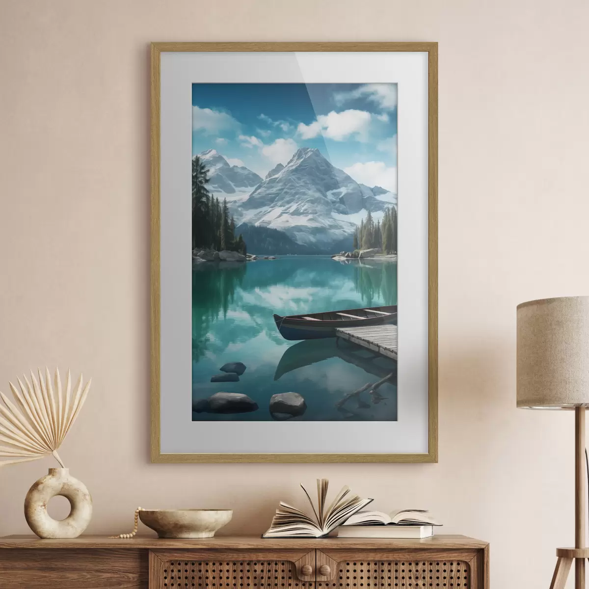 Poster Alpien meer met kano en besneeuwde bergtoppen f46481