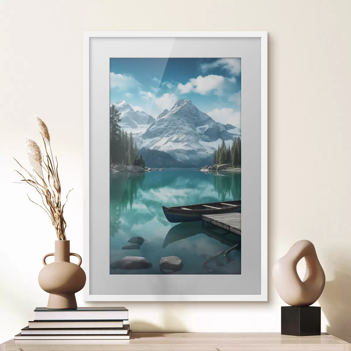 Poster Alpien meer met kano en besneeuwde bergtoppen f46481