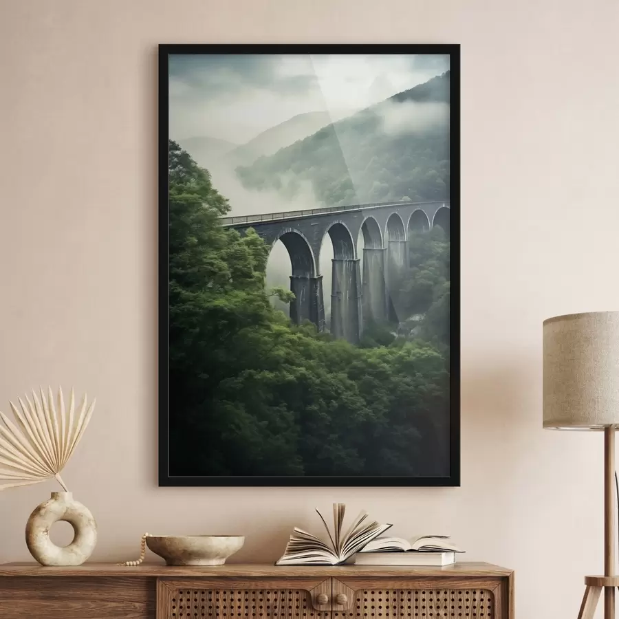 Fotobehang Stenen viaduct boven mistige beboste vallei f46483