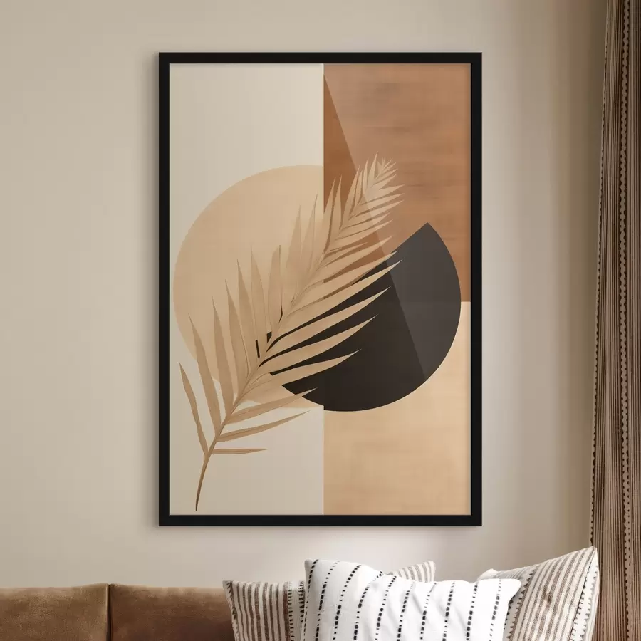 Fotobehang Palmblad boven terracotta en crèmekleurige geometrie f46490