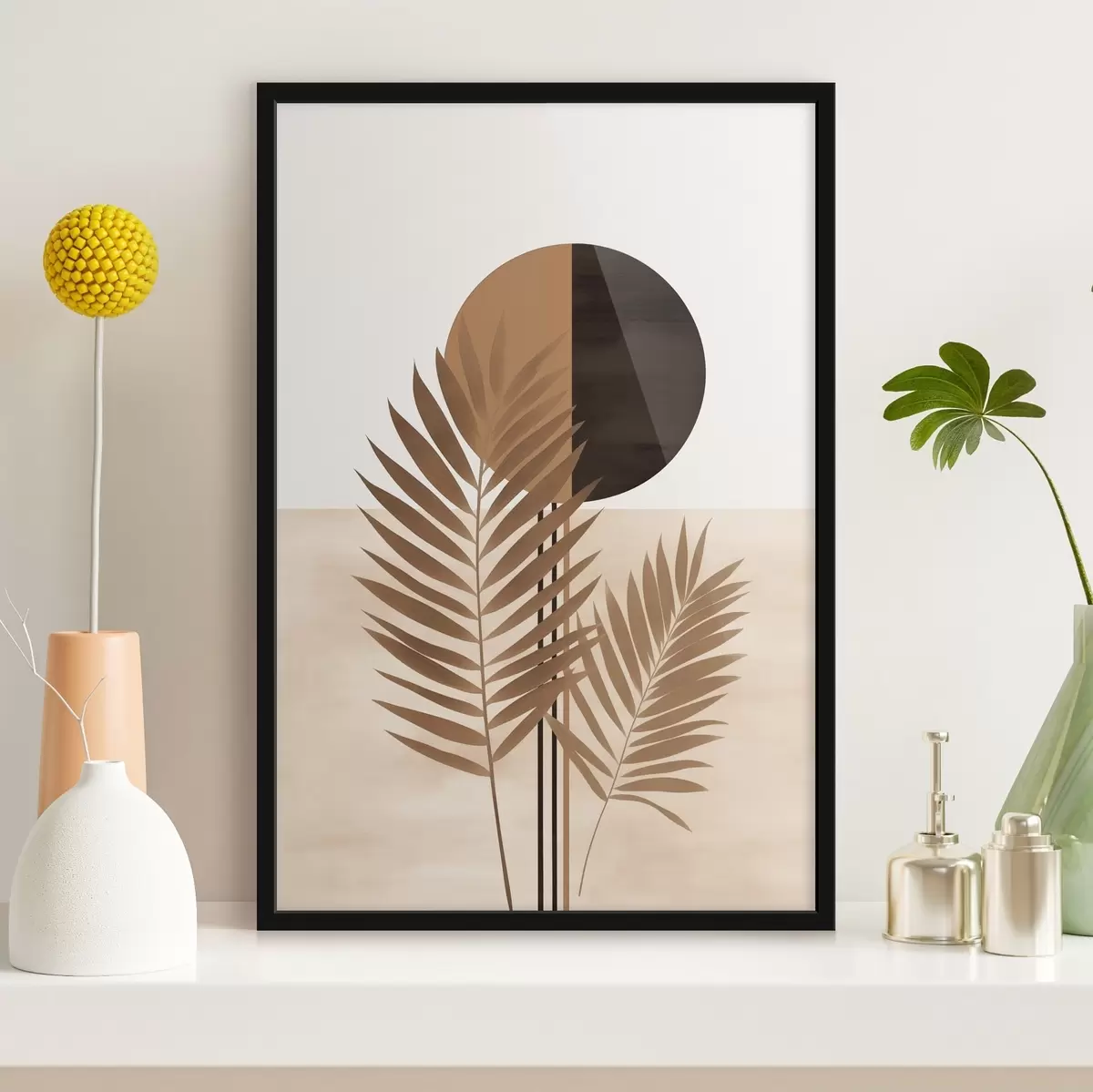 Poster Twee palmbladeren met een gespleten cirkelvormig zonnemotief f46491