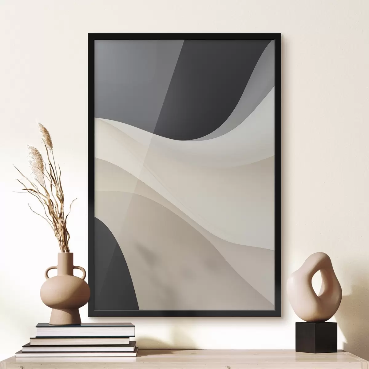 Poster Gelaagde vloeiende rondingen in zwart, crème en taupe f46492